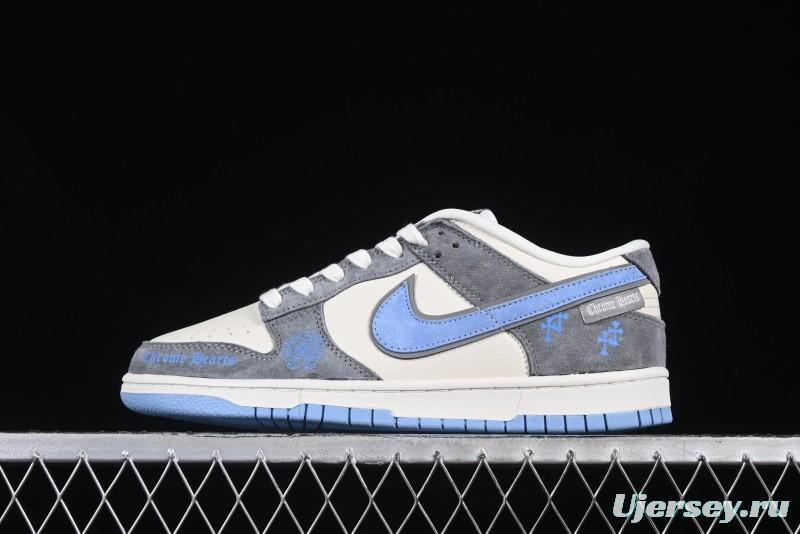 Nike SB Dunk Low Chrome Hearts Collaboration Grey White Blue Hook Anniversary High-End Custom Low-Top Casual Skate Shoes - KK1333-027