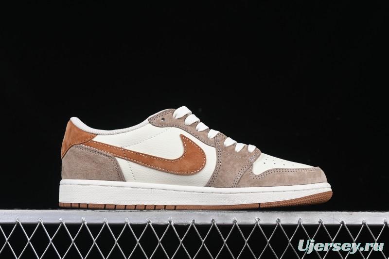 Nike Travis Scott x Fragment Design x Air Jordan 1 Low OG SP AJ1 Mocha Gold Low-top Casual Sneakers - DM7866-040