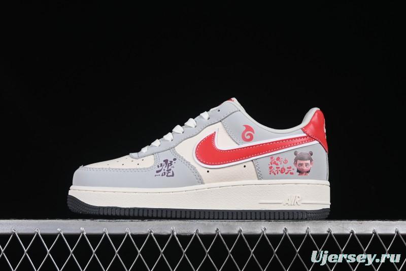 Nike Air Force 1 '07 Low Nezha Collaboration Grey Red Swoosh Casual Sneakers - DF0188-046