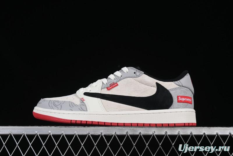 Nike Travis Scott x Fragment Design x Air Jordan 1 Low OG SP AJ1 Supreme Collaboration Lucky Cloud New Year Red Low-Top Casual Sneakers - DM7866-078