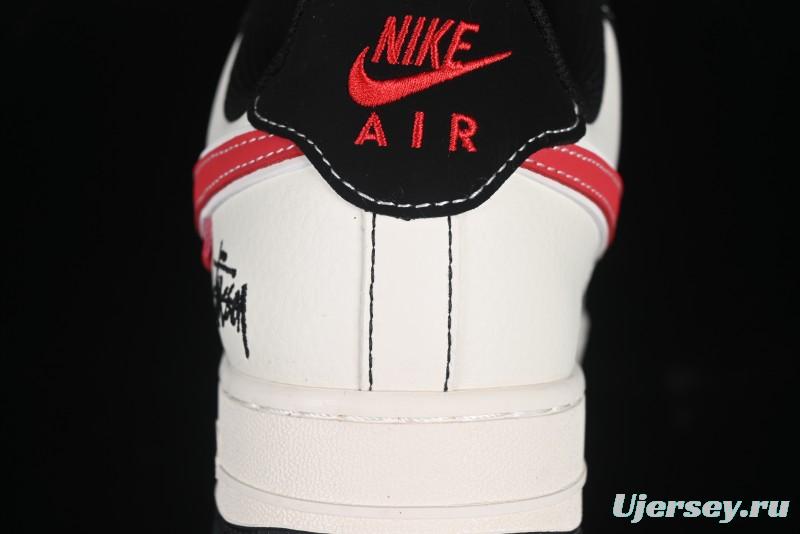 Nike Air Force 1 '07 Low Stussy Collaboration Black Stitch Red Swoosh Casual Sneakers - XS1958-518