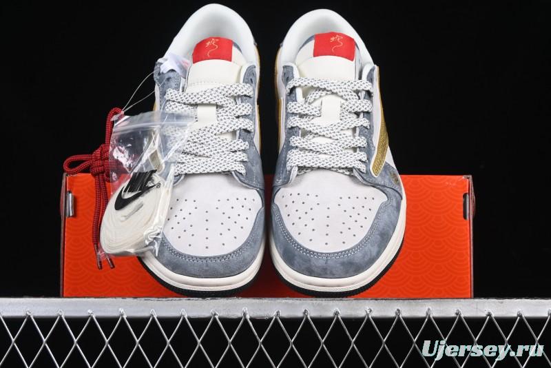 Nike Travis Scott x Fragment Design x Air Jordan 1 Low OG SP AJ1 Snake Year Limited Gold Snake Low-top Casual Sneakers - XZ2025-288