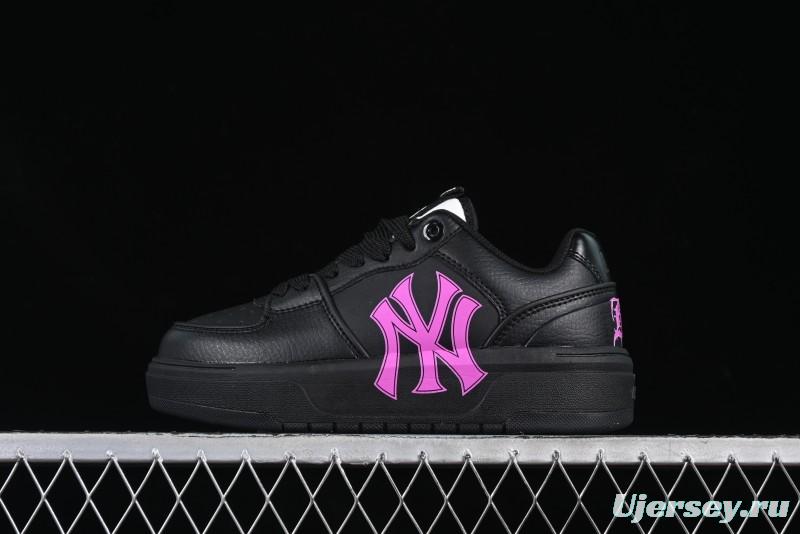 NY Yankees Black Leather Sneakers with Bold Pink Logo