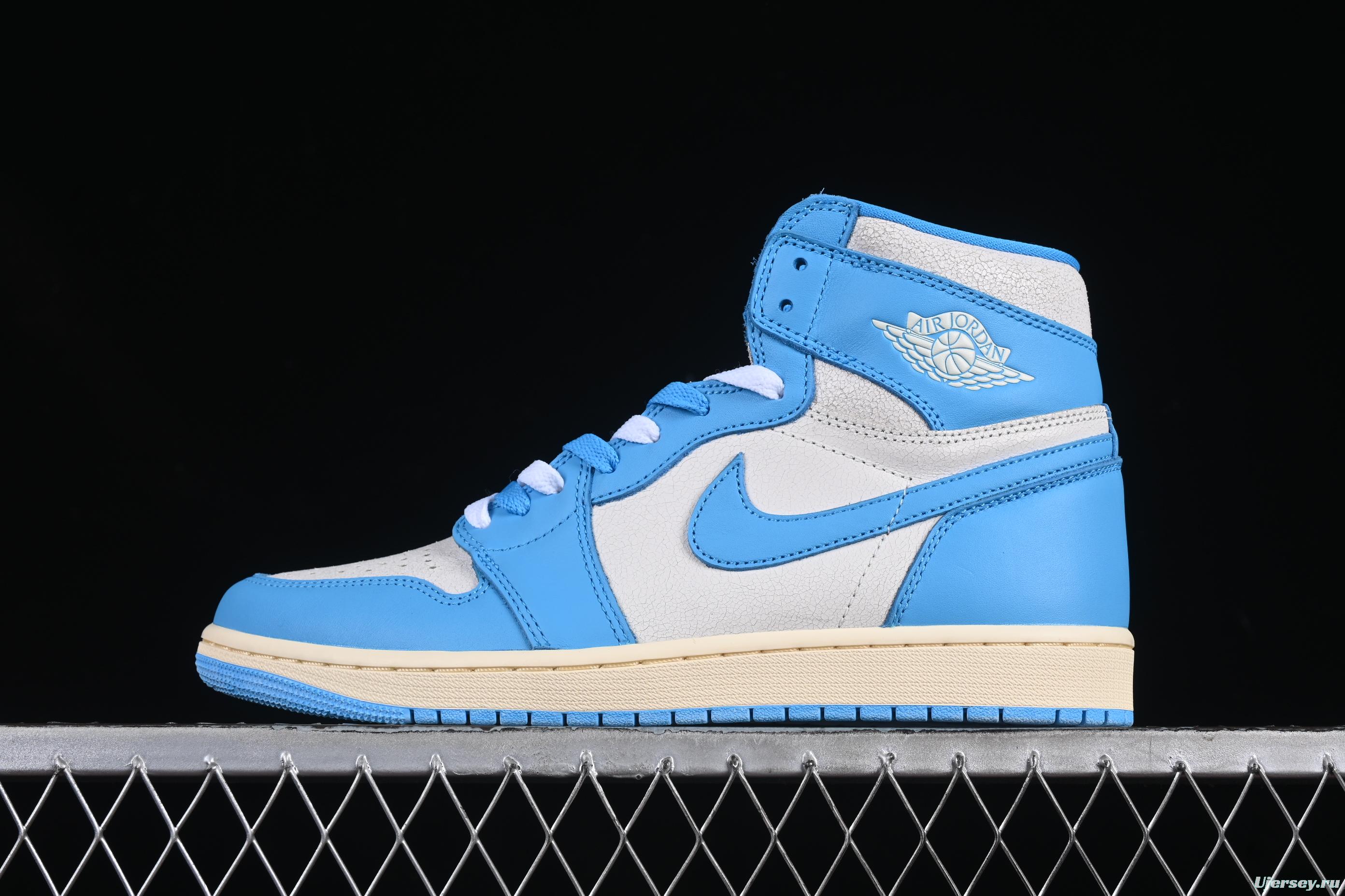 Nike Air Jordan 1 High OG "UNC Reimagined" Retro Basketball Shoes with Cracked Leather and Vintage Midsole - DZ5485-402