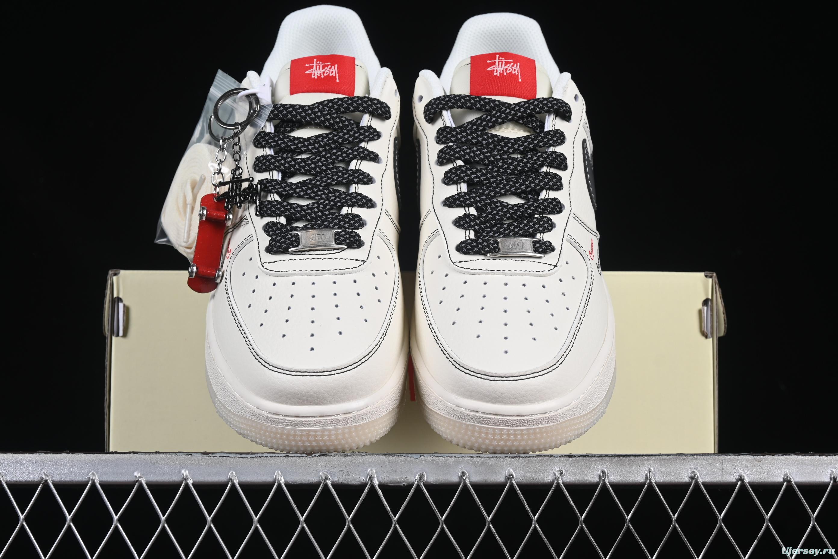 Nike Air Force 1 '07 Low Stussy Collaboration Black Dual-Tone Embroidery Casual Sneakers - HH7518-036