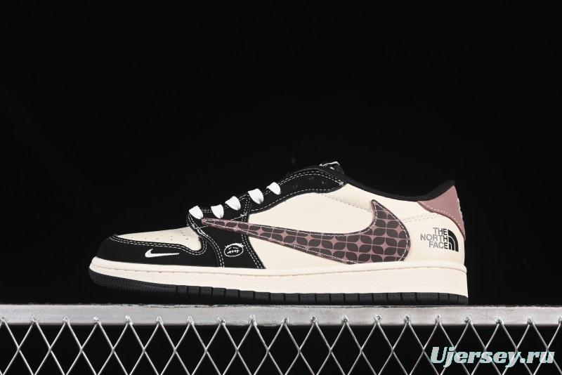 Nike Travis Scott x Fragment Design x Air Jordan 1 Low OG SP AJ1 North Face Collaboration Beige Brown Checkered Low-Top Casual Sneakers - XS2024-036