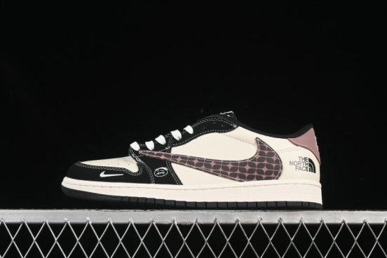 Nike Travis Scott x Fragment Design x Air Jordan 1 Low OG SP AJ1 North Face Collaboration Beige Brown Checkered Low-Top Casual Sneakers - XS2024-036