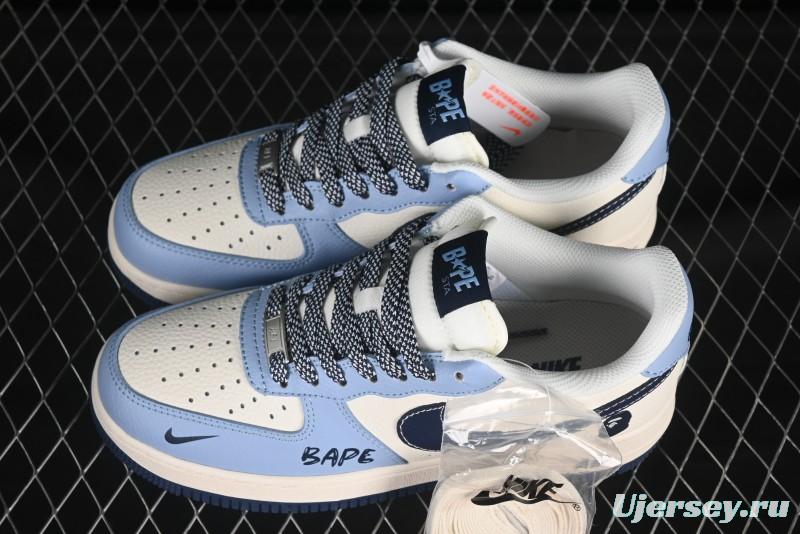 Nike Air Force 1 '07 Low Bape Collaboration Light Blue Swoosh Casual Sneakers - XS1958-554