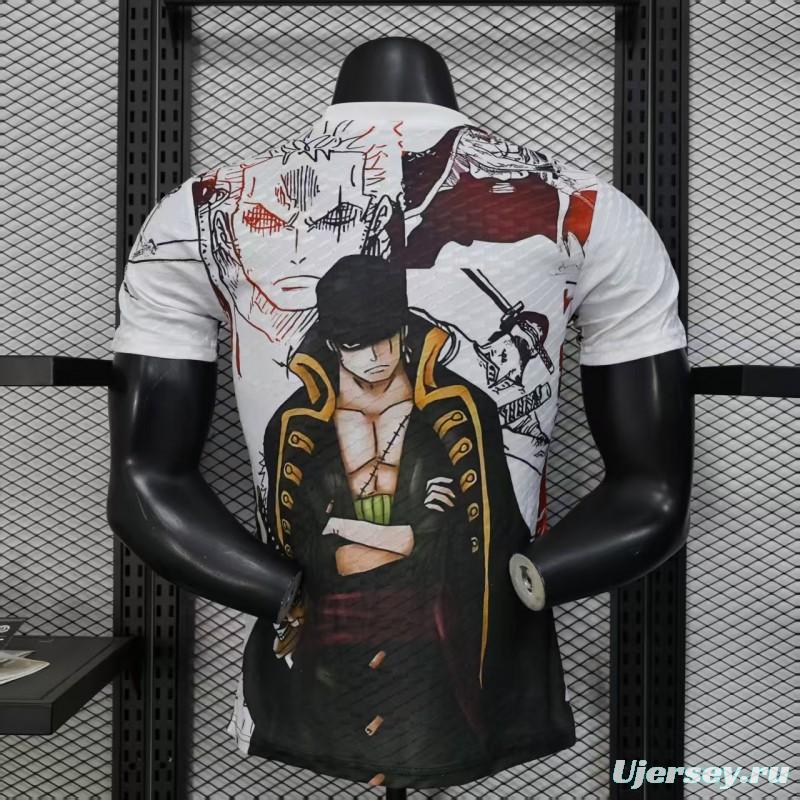 Player Version 2025 Japan White with One Piece Roronoa Zoro Character Jersey