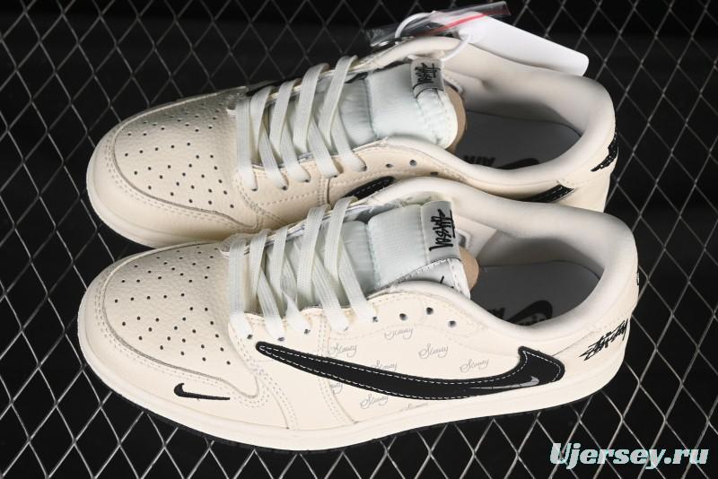 Nike Travis Scott x Fragment Design x Air Jordan 1 Low OG SP AJ1 Stussy Collaboration Black Beige Reverse Swoosh Low-top Casual Sneakers - XS2024-043