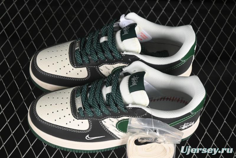 Nike Air Force 1 '07 Low Stussy Collaboration Black Green Swoosh Casual Sneakers - XS1958-572
