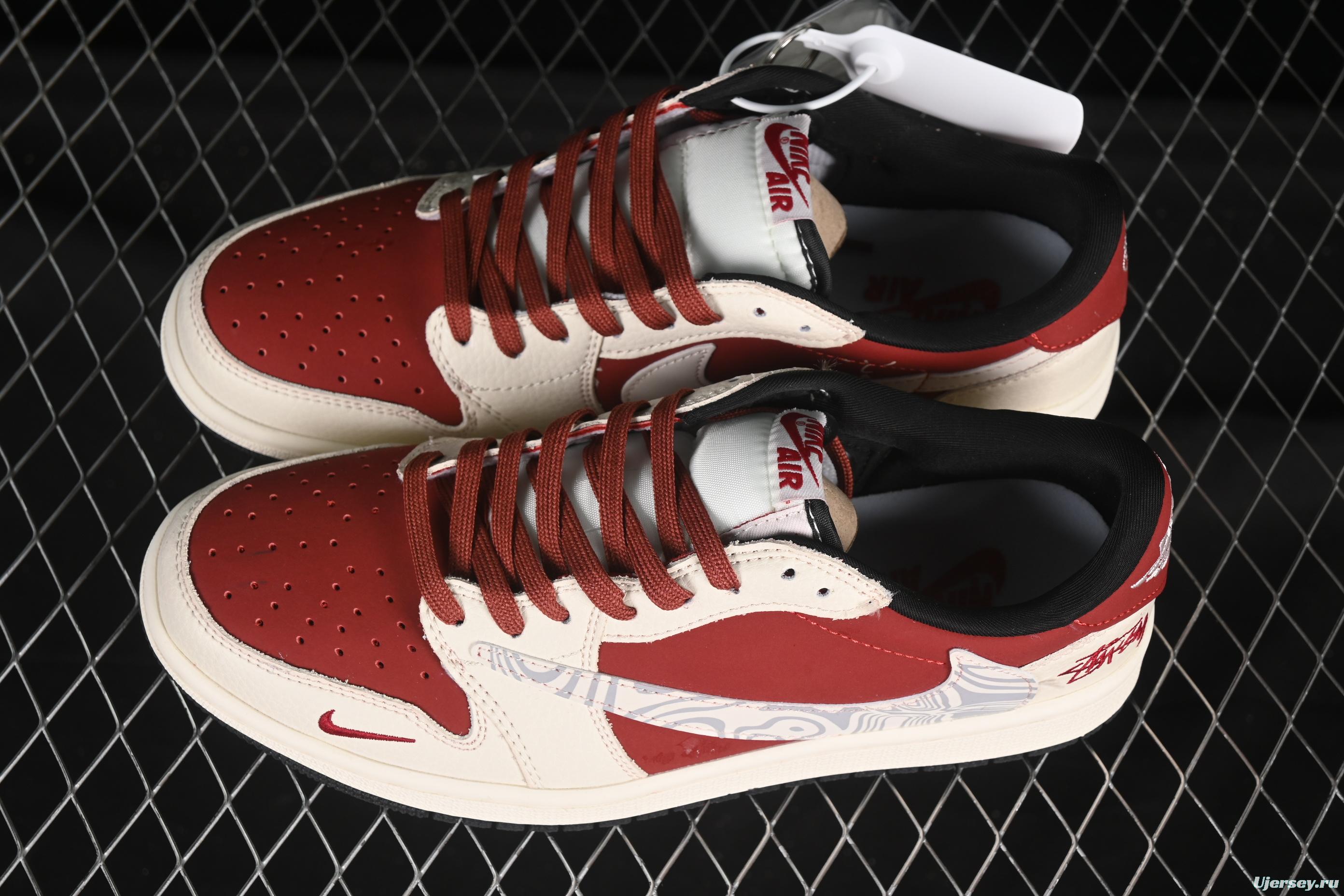 Nike Travis Scott x Fragment Design x Air Jordan 1 Low OG SP AJ1 Stussy Collaboration Ripple Bordeaux Low Top Casual Sneakers - LD2025-017