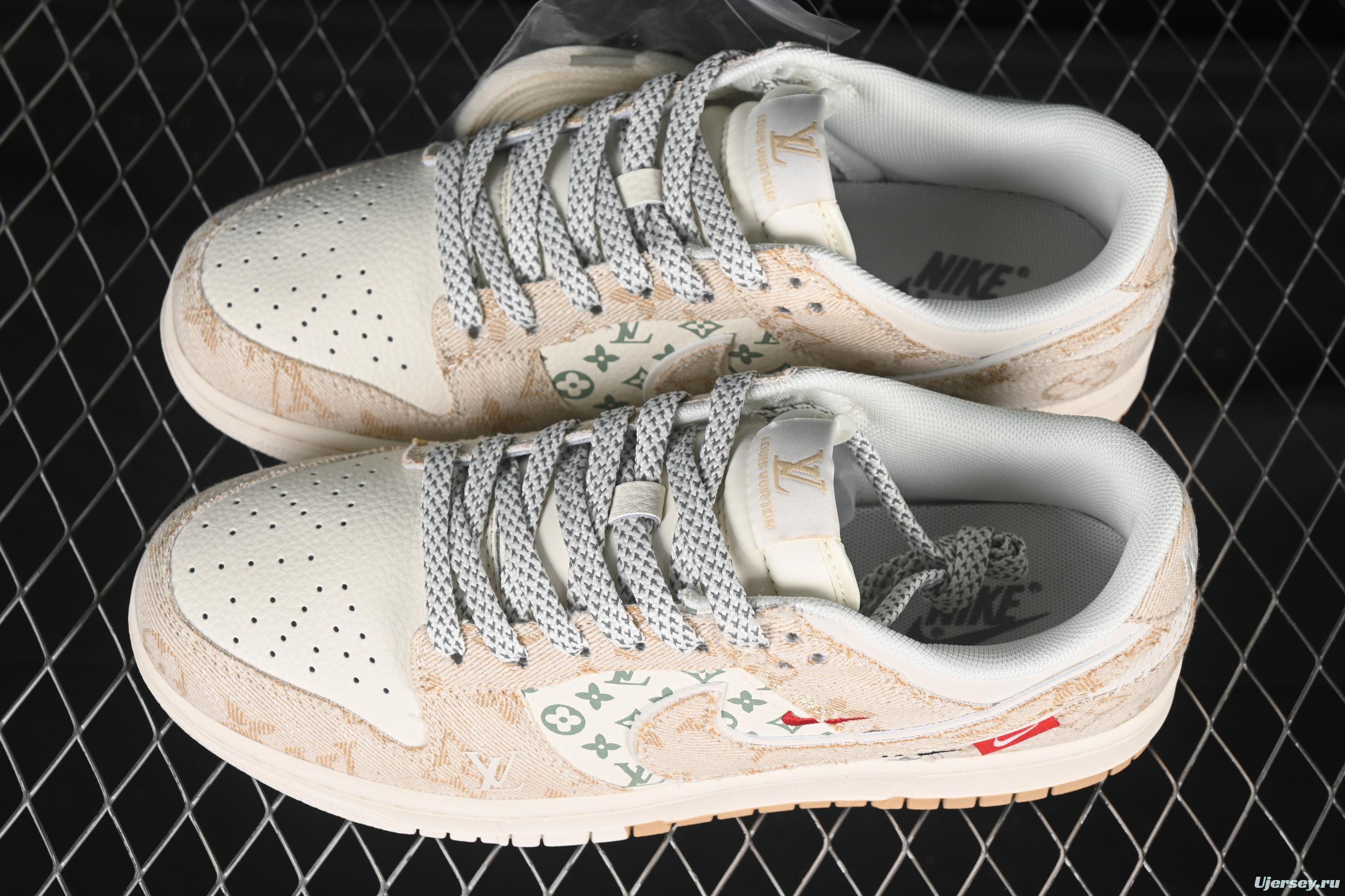 Nike SB Dunk Low LV Collaboration Woven Print Khaki Swoosh Anniversary High-End Custom Low-Top Casual Skate Shoes - YX5066-352