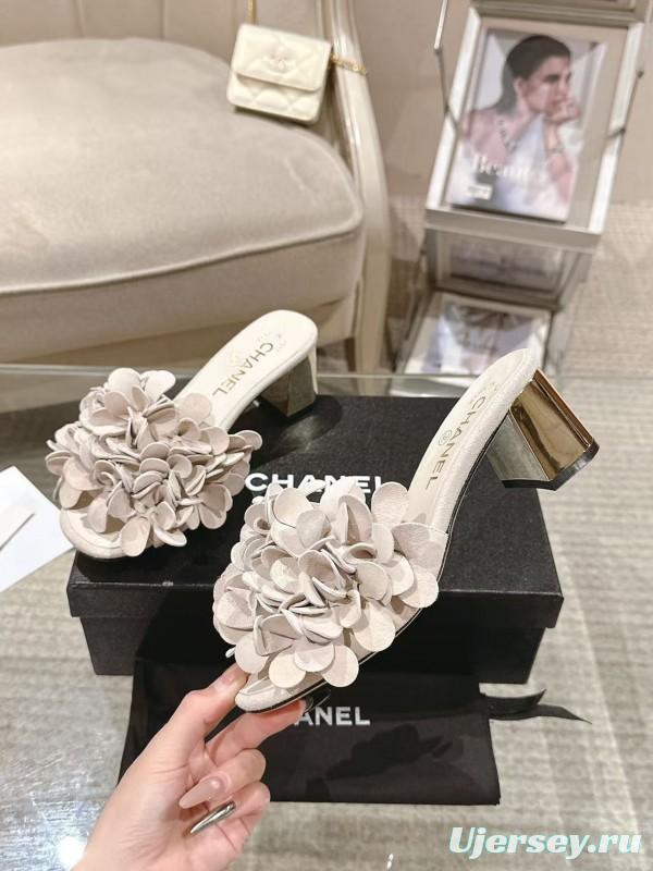 2025 Women Chanel Beige Leather Mules Floral B2032-2