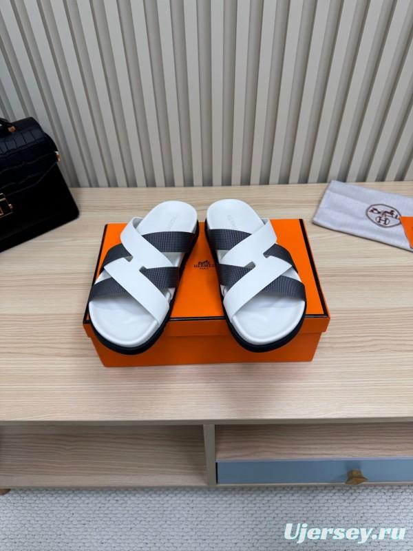 2025 Men Hermès White Black Leather Slippers