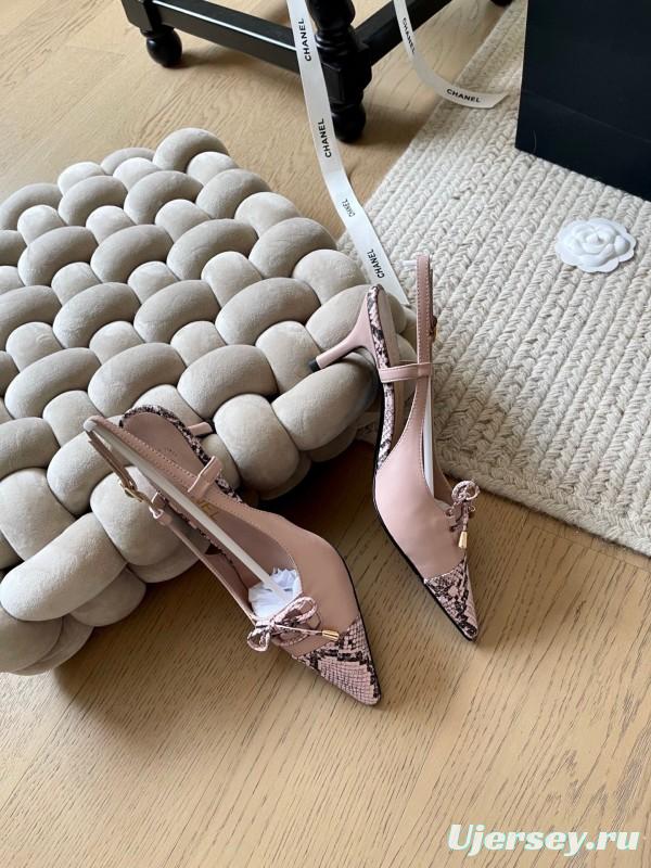2025 Women Chanel Pink Python Leather Bow High Heels KFY00320