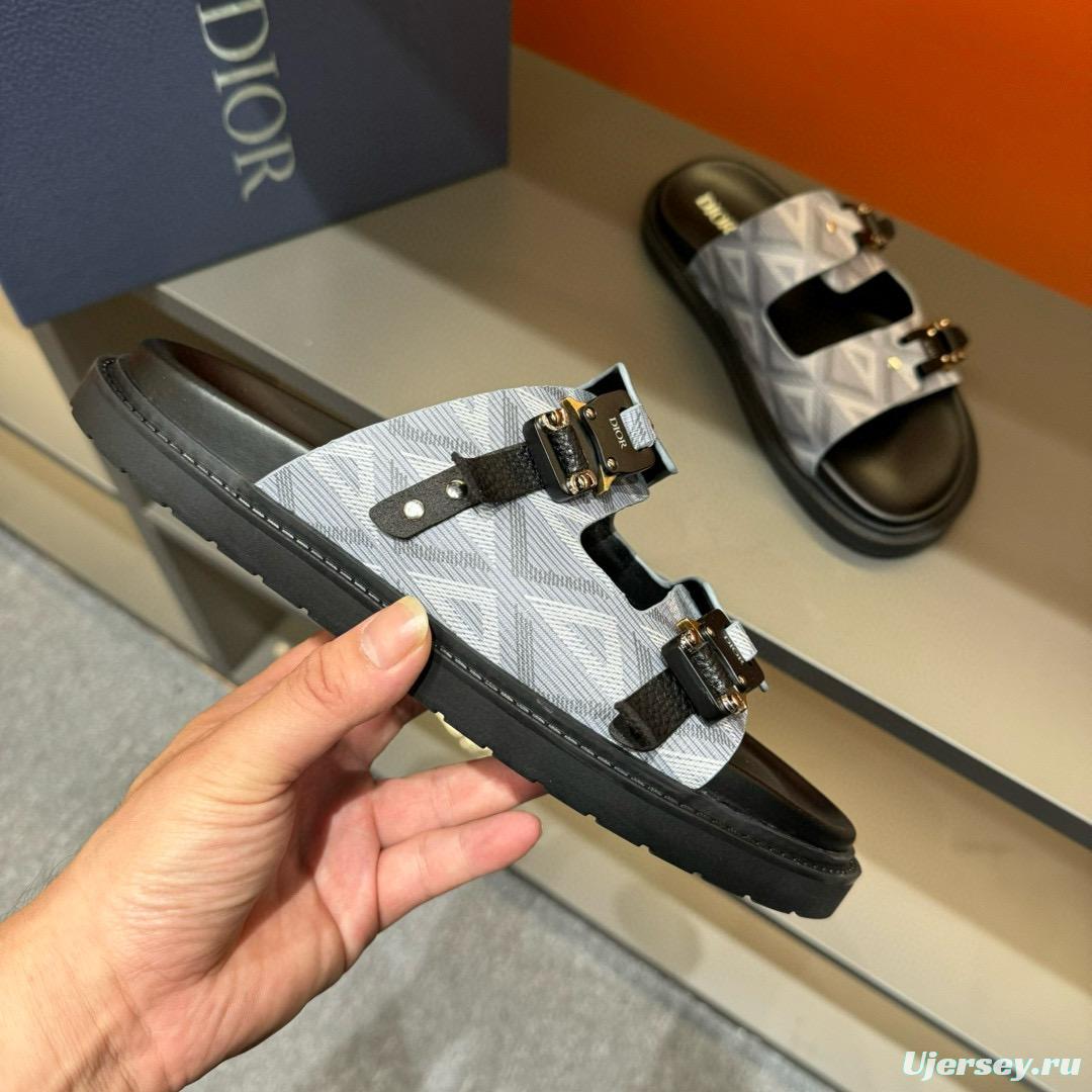 2024 Men Dior Grey Canvas Leather Sandals Buckle