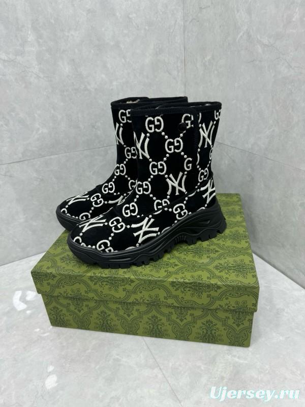 2024 Women Gucci Black White Suede Snow Boots GG NY Embroidery MJ00370