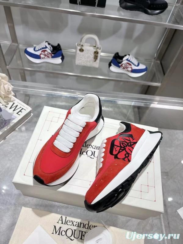 2025 Women Alexander McQueen Red Black Leather Suede Sneakers LY00340
