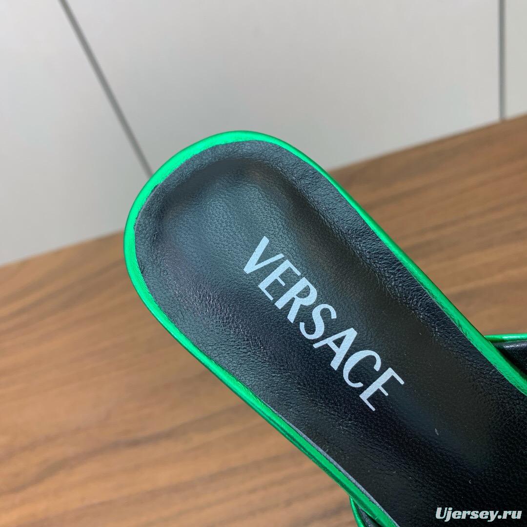 2025 Women VERSACE Green Leather Slippers