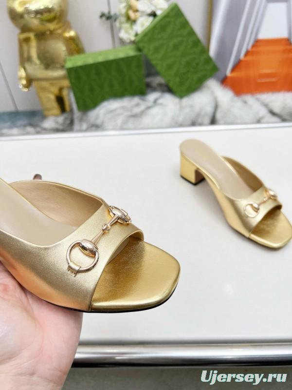 2025 Women Gucci Gold Leather Heeled Slip-On Horsebit MJ00180