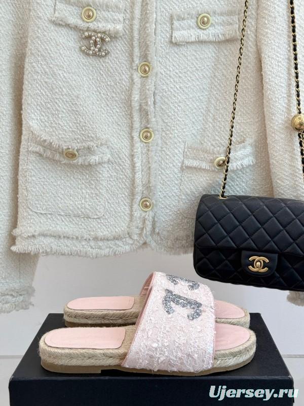 2025 Women Chanel Pink Tweed Espadrille Slide Sandals Handmade Craft KFY00240 (F)