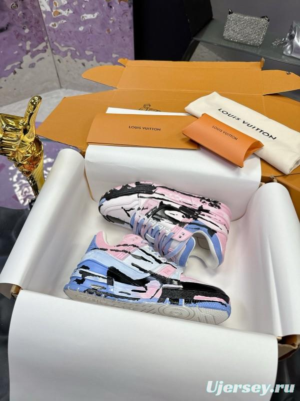 2024 Unisex Louis Vuitton Pink Blue Black Leather Denim Plimsolls Hand-Painted MJ00780