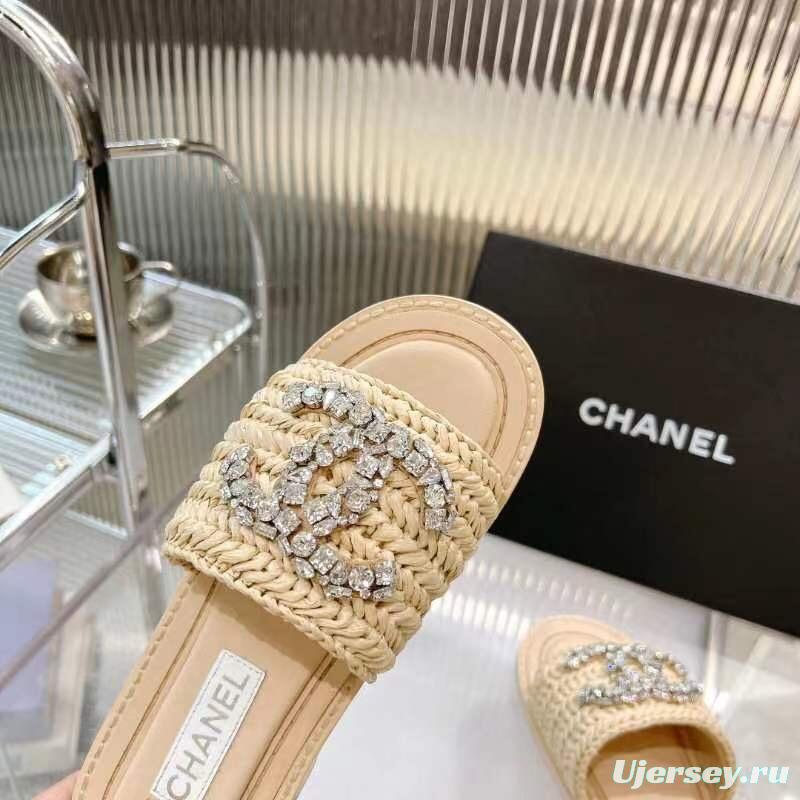 2025 Women Chanel Beige Raffia Crystal Slippers LY00270