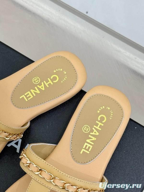 2025 Women Chanel Beige Lambskin Chain Toe Post Sandals KFY00250