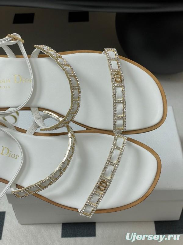 2025 Women Dior White Leather Flat Sandals Crystal Embellishment