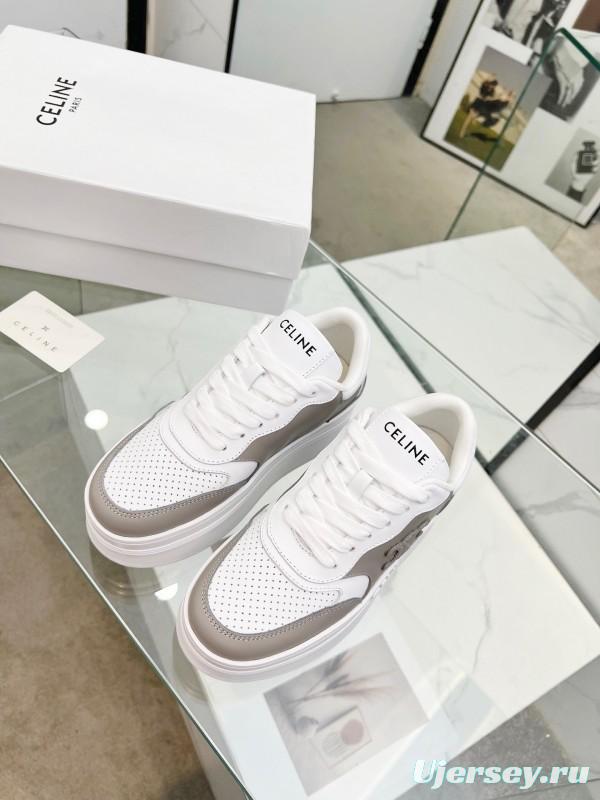 2025 Women Celine White Grey Leather Block Triomphe Sneakers LY00270
