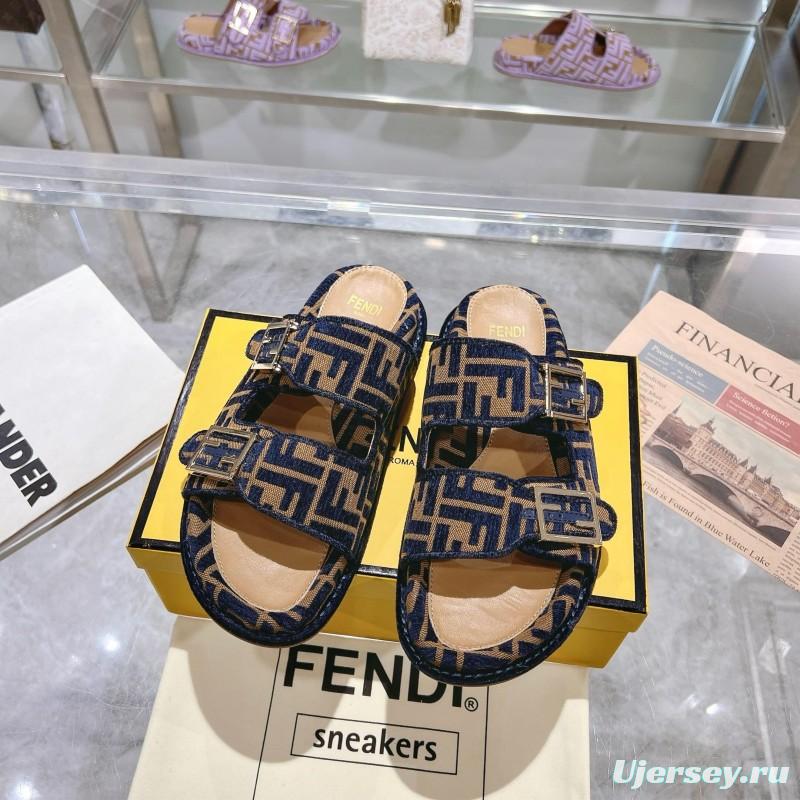 2025 Slippers Fendi Blue Brown Jacquard Buckle KFY00250