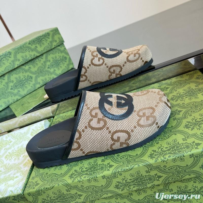 2024 Unisex Gucci Beige Brown Leather Slippers GG Pattern MJ00280