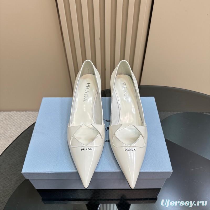2025 Women Prada White Leather Pointed Toe Kitten Heel Pumps KFY00310