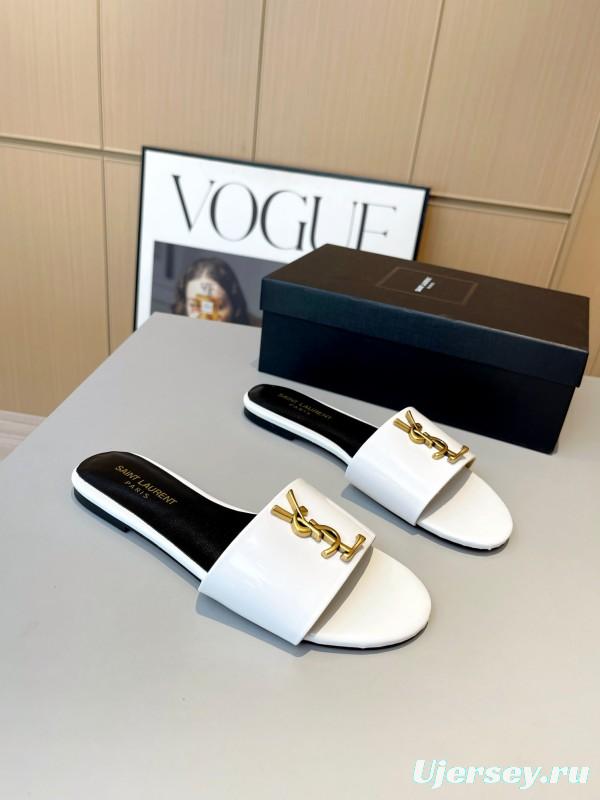 2025 Women Yves Saint Laurent White Leather Slippers LY00180