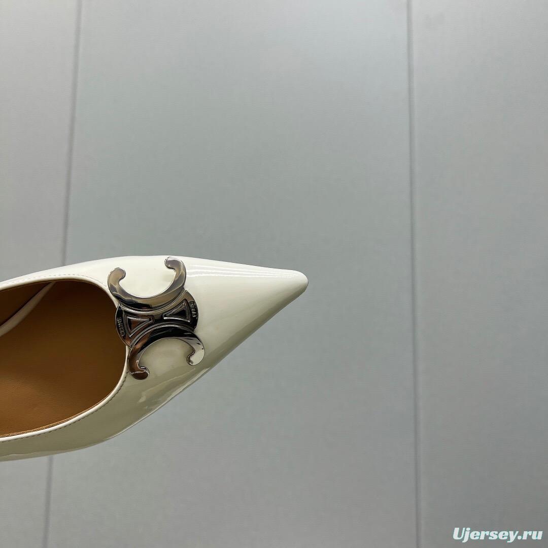 2025 Women Celine White Leather Pointed Toe Kitten Heel KFY00290