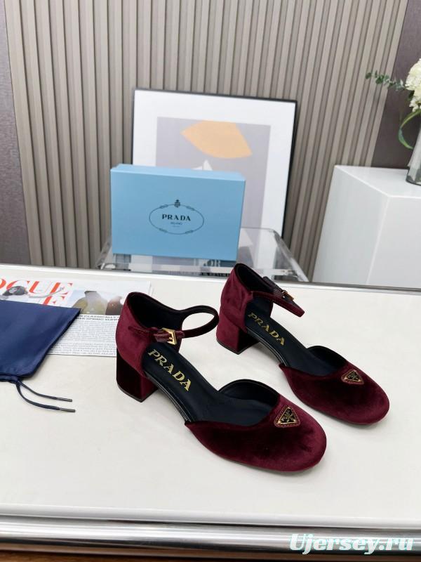 2025 Women Prada Burgundy Velvet Mary Jane Heel LY00270