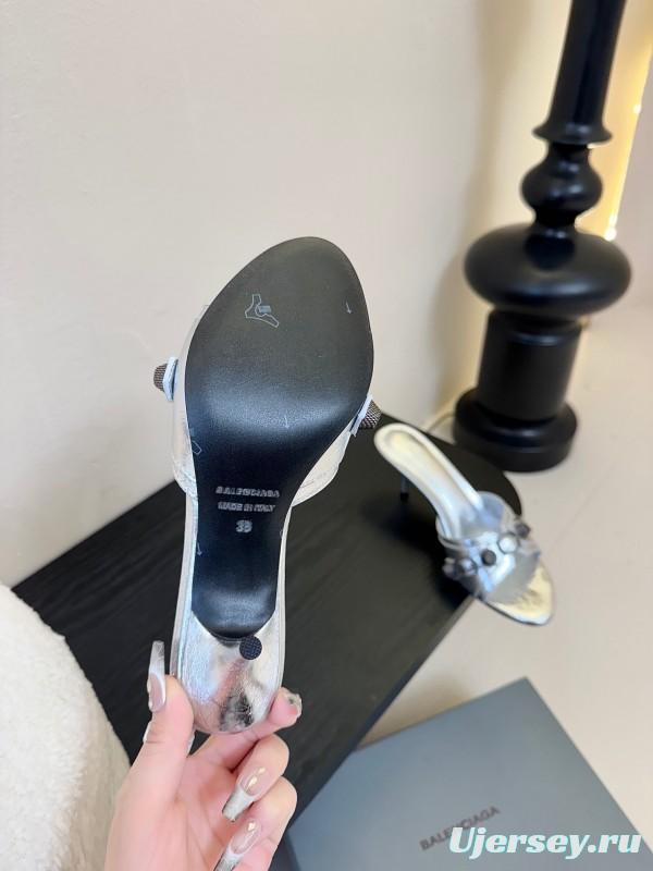 2025 Women Balenciaga Silver Leather High Heel Mules
