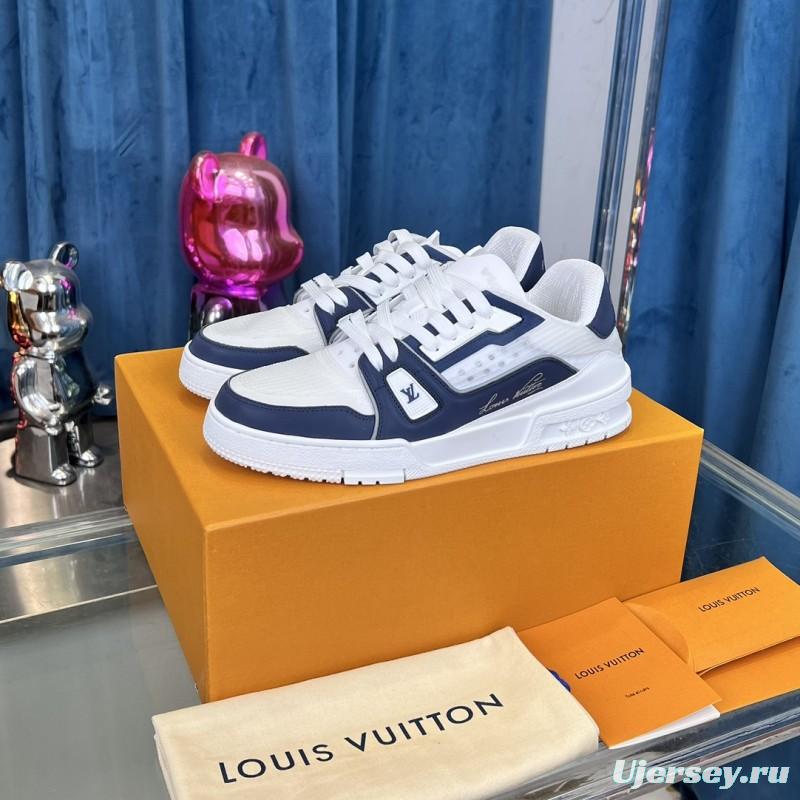 2025 Unisex Louis Vuitton White Navy Leather Sneakers