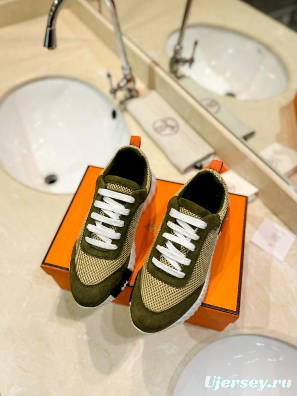 2024 Unisex Hermès Khaki Beige Suede Mesh Sneakers MJ00320
