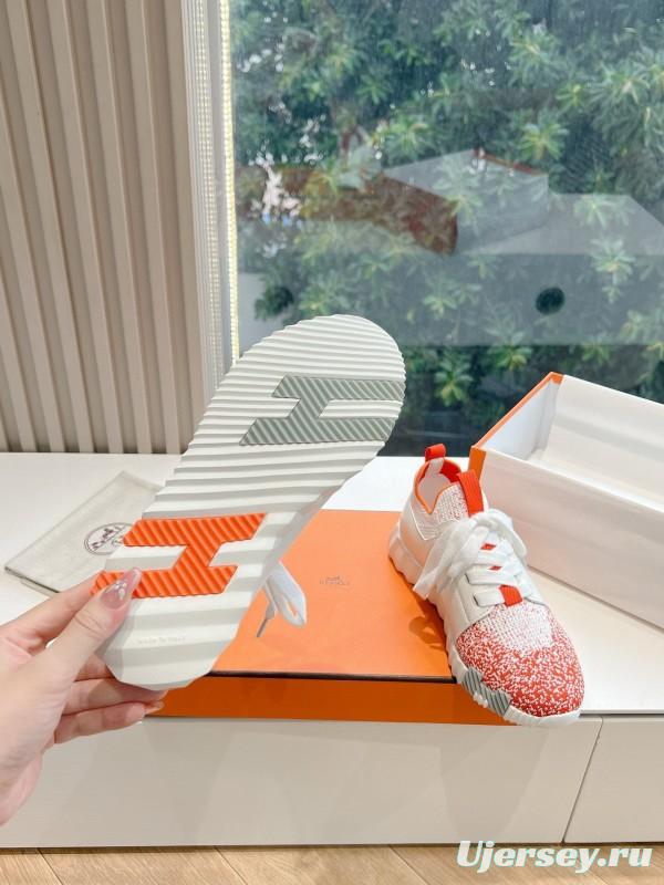 2024 Unisex Hermès white orange leather knit sneakers