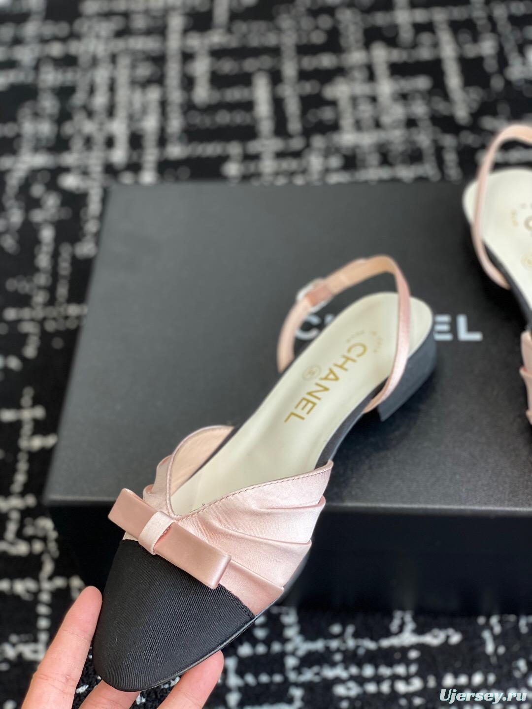 2025 Women Chanel Pink Black Silk Leather Sandals Satin Bow KFY00289