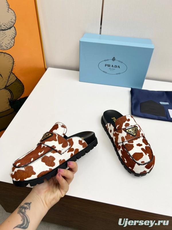 2025 Women Prada Brown White Cowhair Leather Slippers LY00270