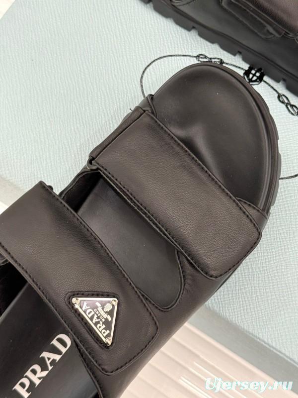 2025 Women Prada Black Leather Slippers KFY00240