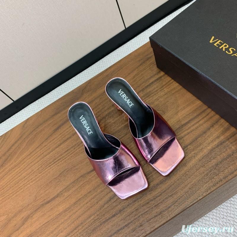 2025 Women VERSACE Pink Leather Slippers