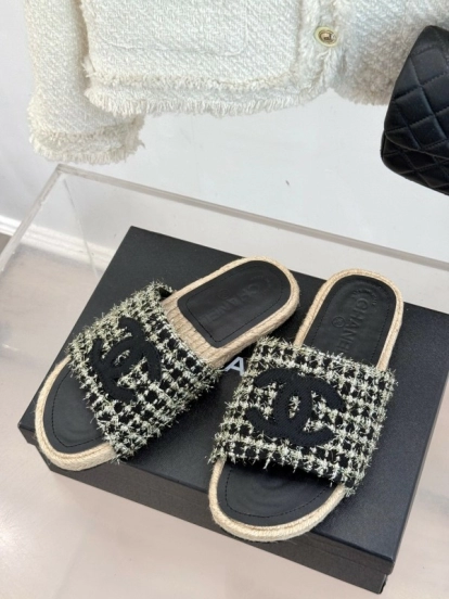2025 CHANEL Black White Tweed Slippers