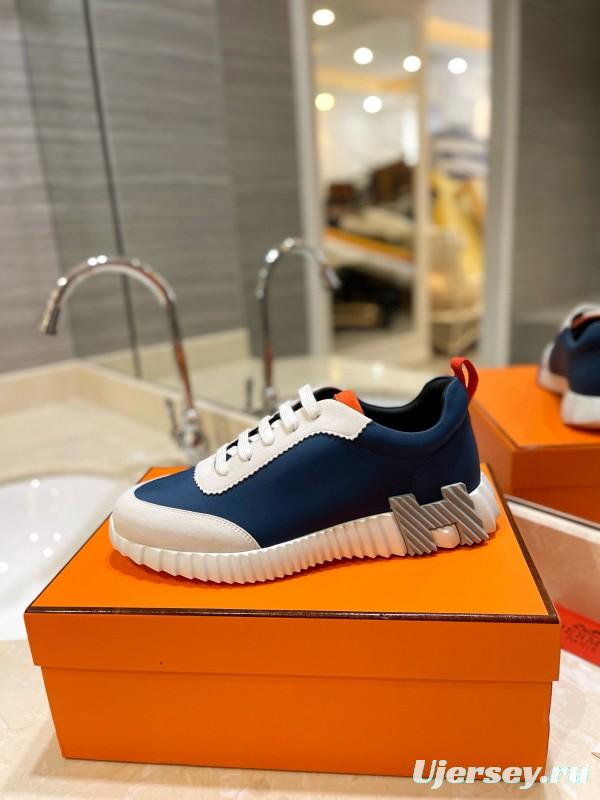2024 Unisex Hermès Blue White Orange Imported Silk Lambskin Nubuck Sneakers MJ00320