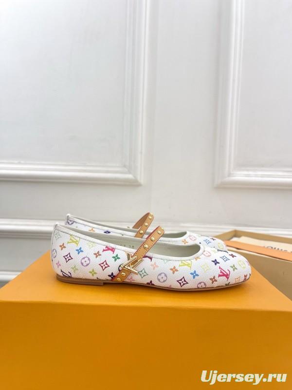 2025 Women Louis Vuitton White Multicolor Canvas Ballet Flat MJ00300