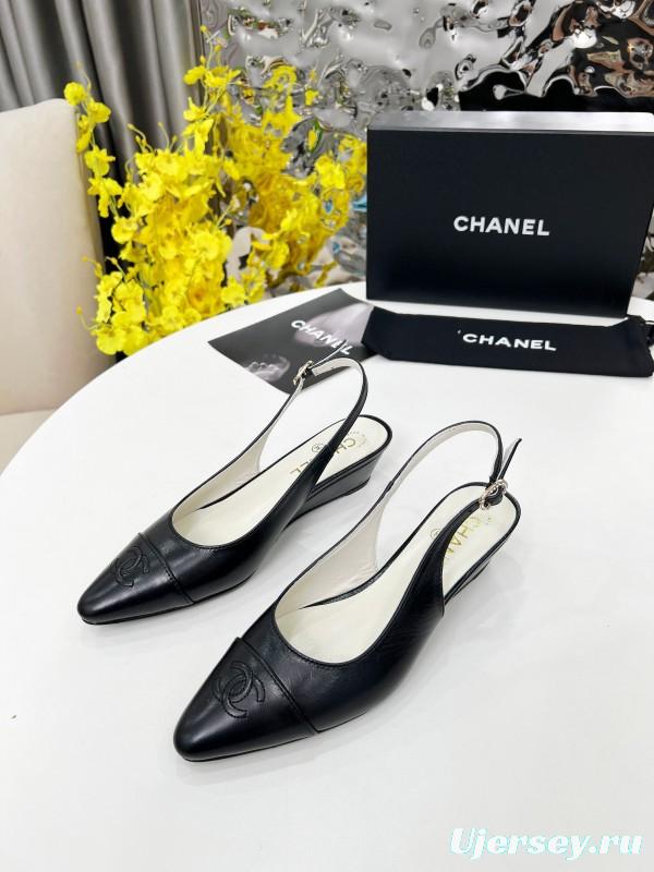 2025 Women Chanel Black Leather Slingback Flats