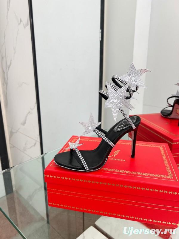 2025 Women RC Black Silver Silk Crystal High Heel Spiral Lace Sandals LY00340